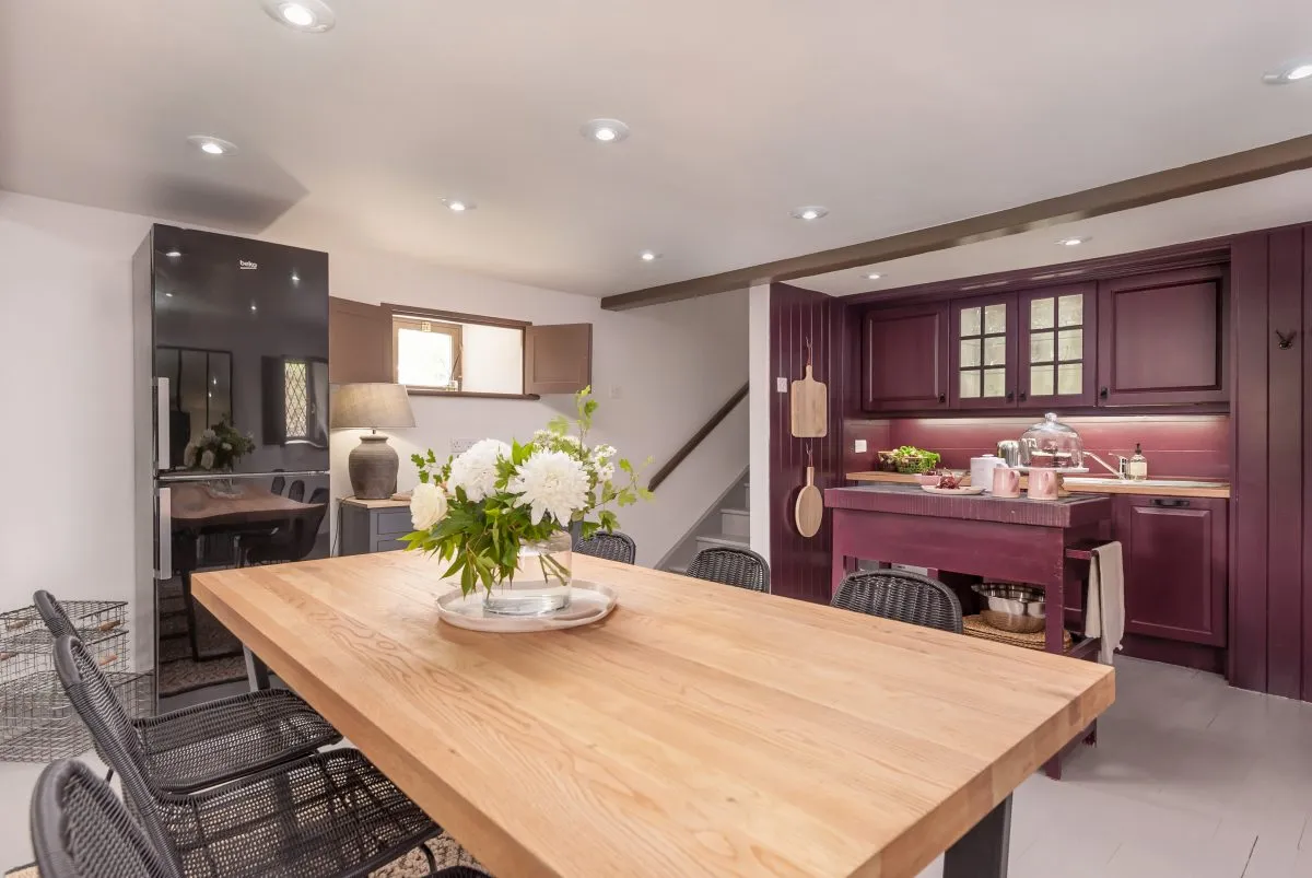 Farrow & Ball brinjal kitchen in romantic retreat mill conversion